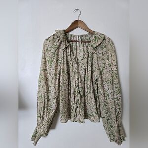By Anthropologie Size Small Green Floral Womens Collared Cotton Blouse